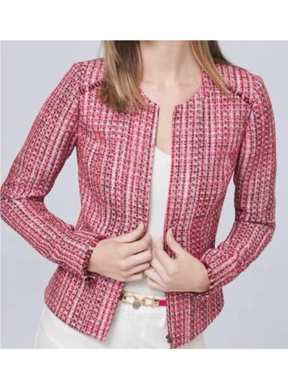 White House Black Market Pink Tweed Moto Peplum Frayed Trim Blazer Jacket Sz 14